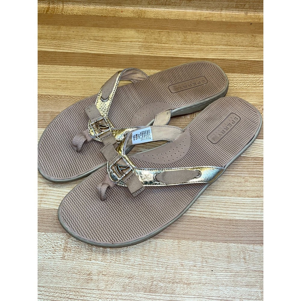 Sperry Womens 10M Gold Metallic Snakeskin Bow Buckle Sandal Thong Flip Flops